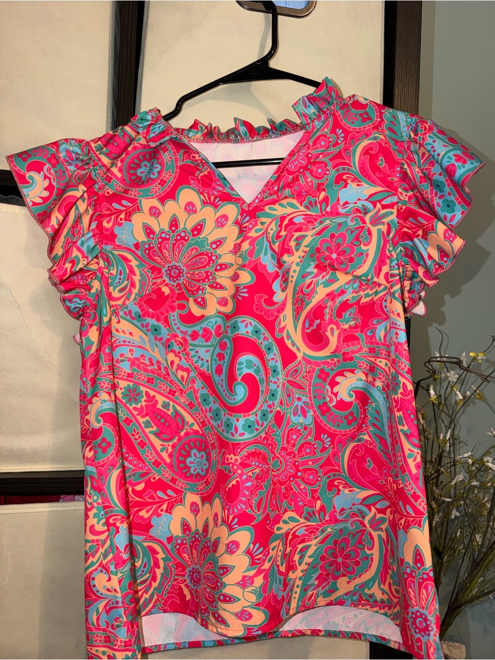 SHEIN Pink Paisley V-Neck Ruffle Sleeve Blouse